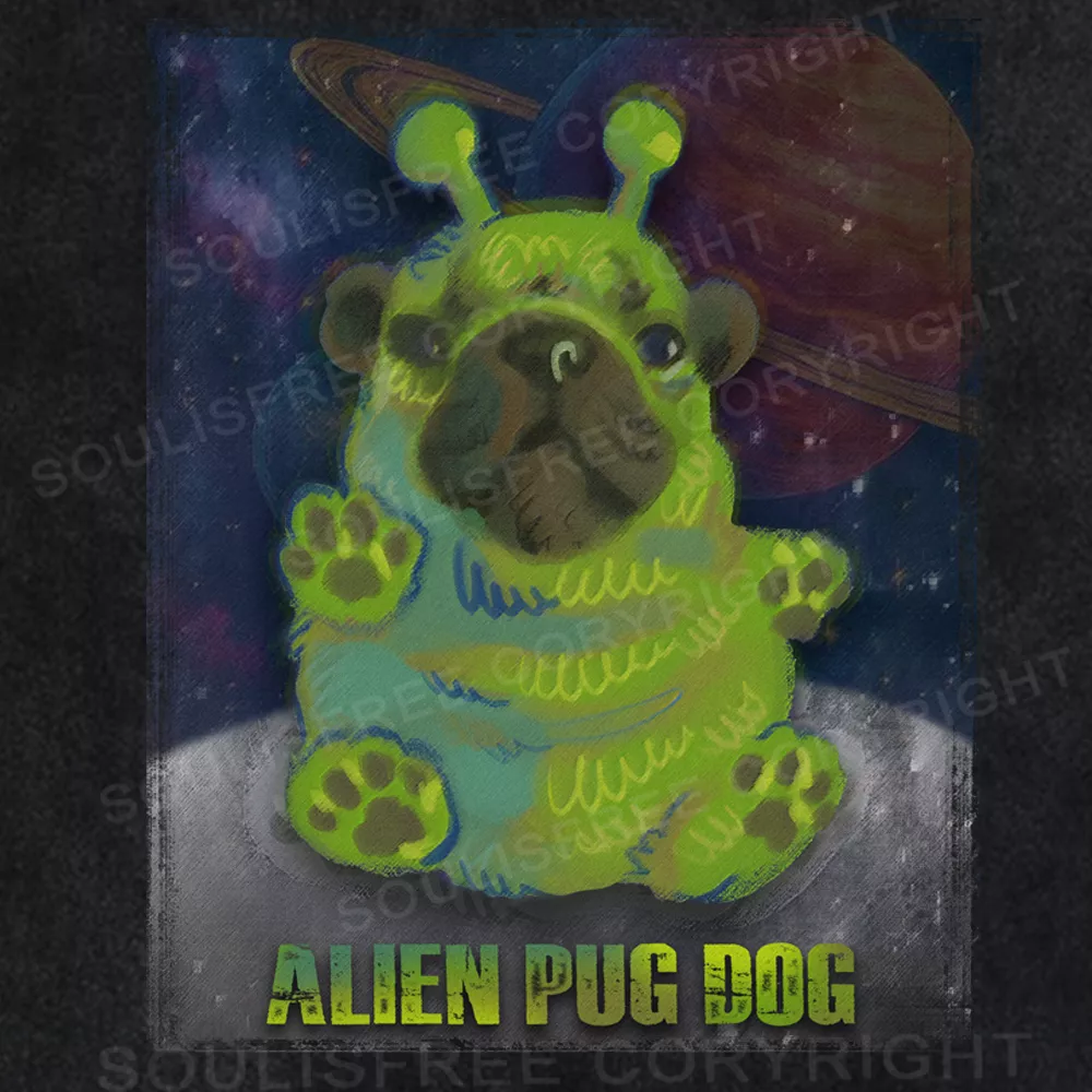 Alien Pug Dog Washed Space T-shirt