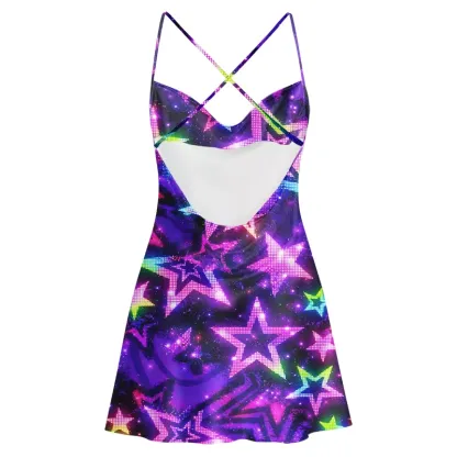 Soulisfree Neon Galaxy Star  Cowl Neck Satin Mini Dress
