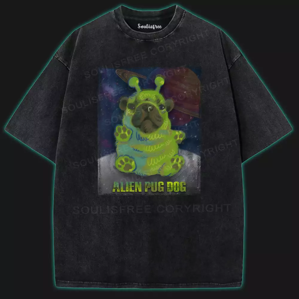 Alien Pug Dog Washed Space T-shirt