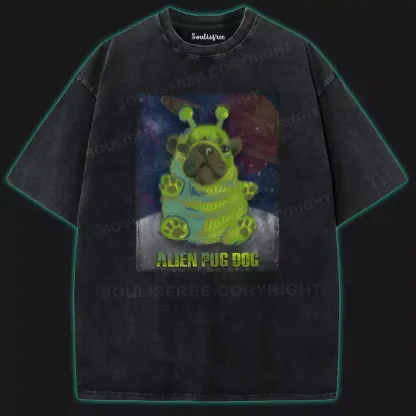 Alien Pug Dog Washed Space T-shirt