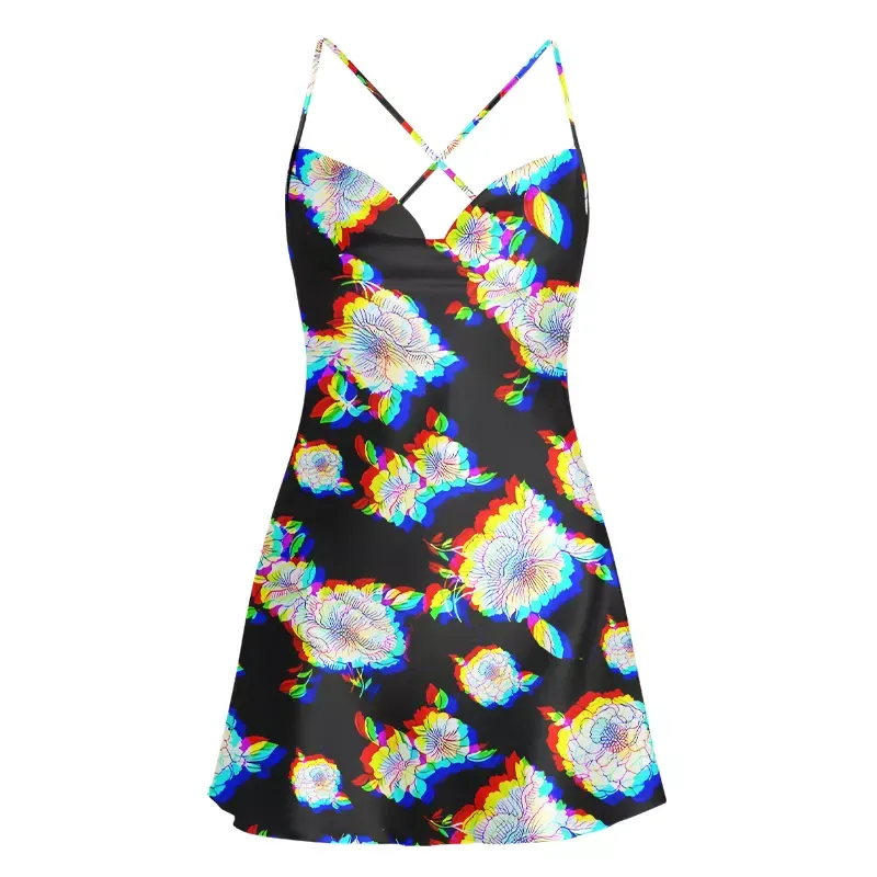 Soulisfree Digital Bloom Cowl Neck Satin Mini Dress