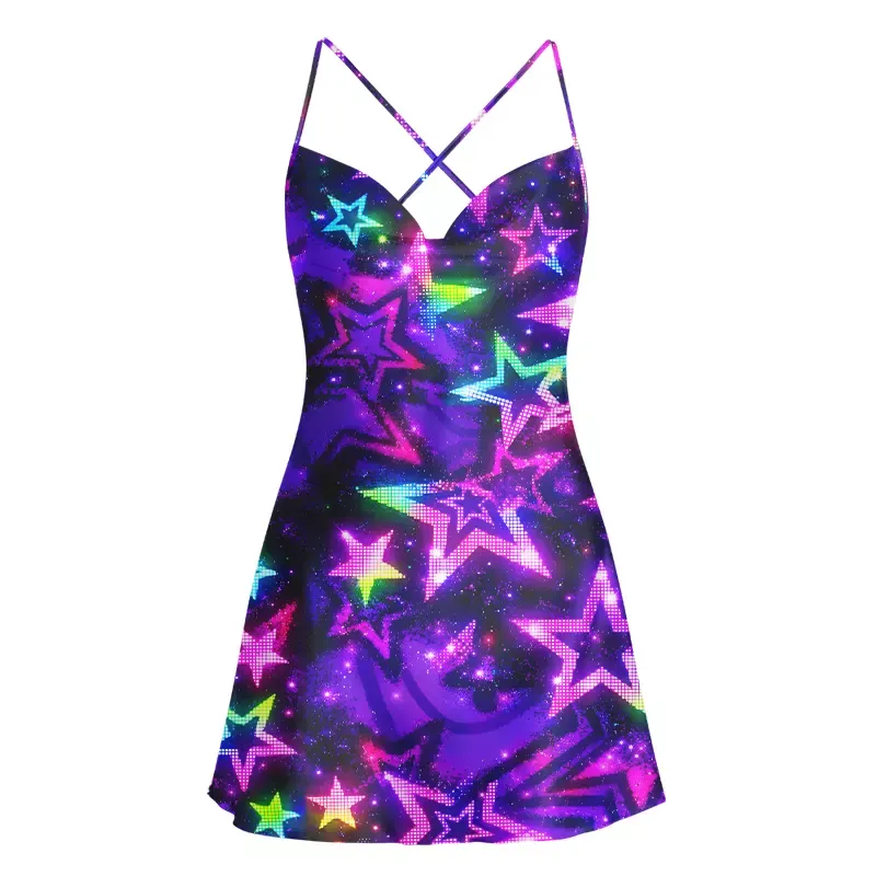 Soulisfree Neon Galaxy Star Cowl Neck Satin Mini Dress