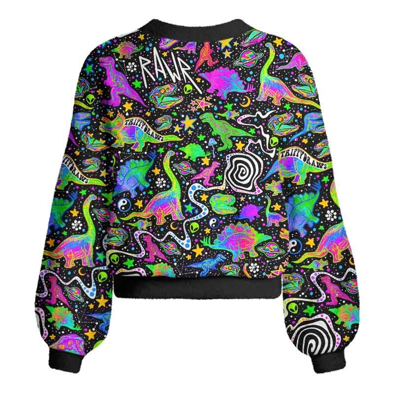 Soulisfree Cosmic Dino Trip Women's Fuzzy Cardigan Sweater