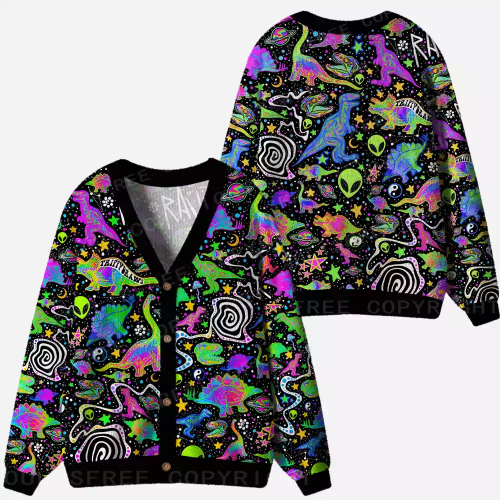Cosmic Dino Trip Ugly Cardigan Sweaters 