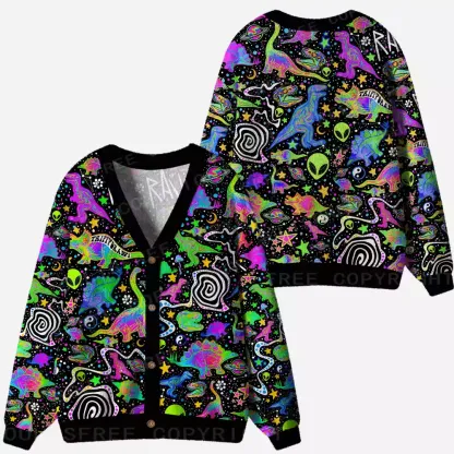 Cosmic Dino Trip Ugly Cardigan Sweaters 