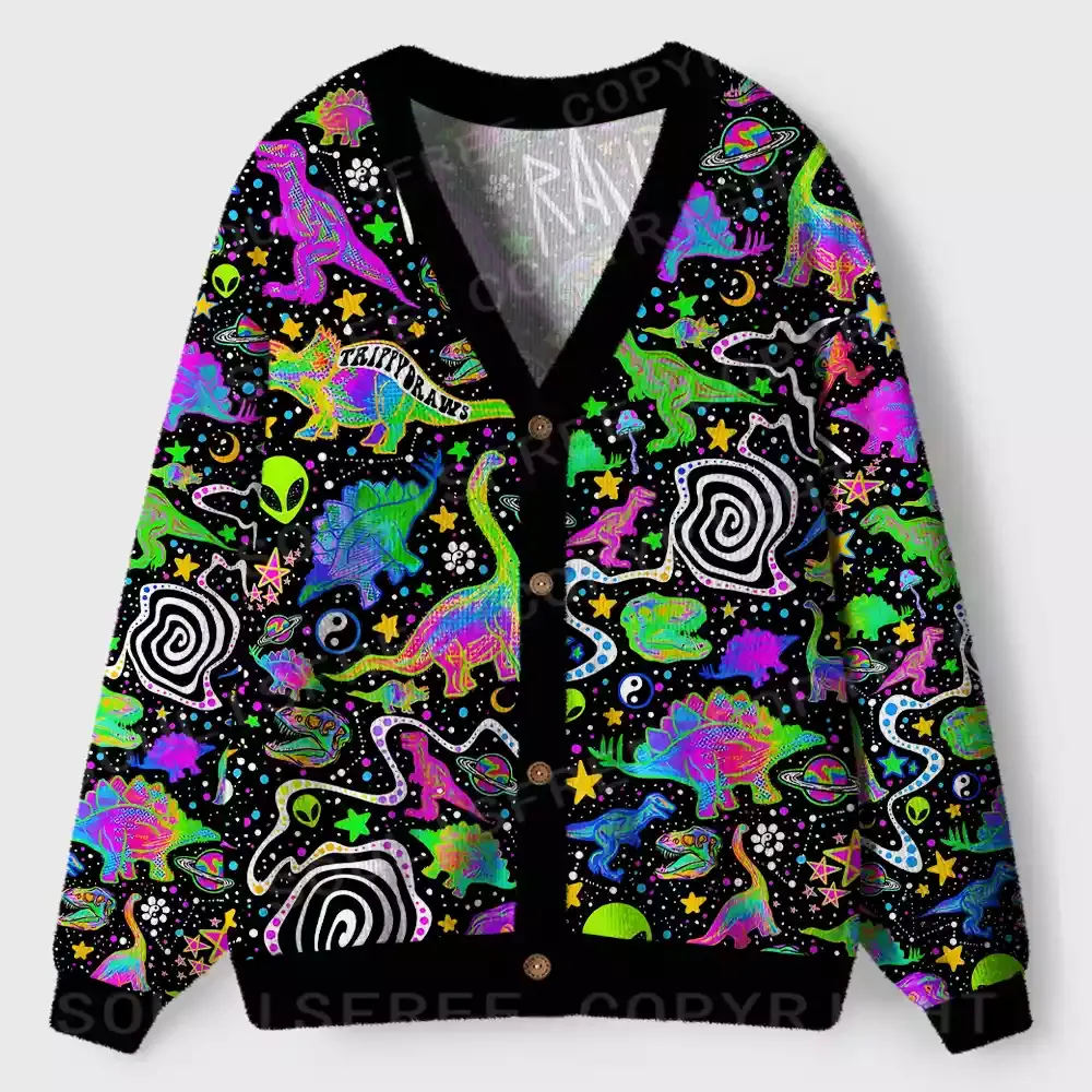 Cosmic Dino Trip Ugly Cardigan Sweaters 