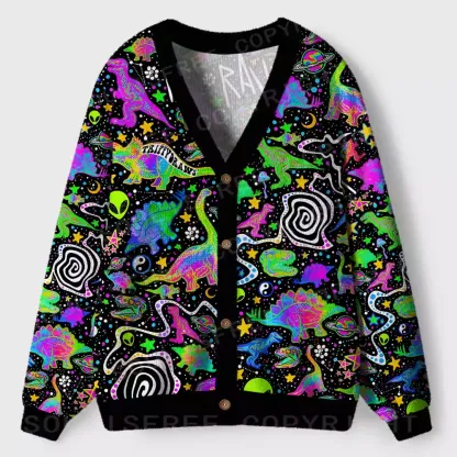 Cosmic Dino Trip Ugly Cardigan Sweaters 