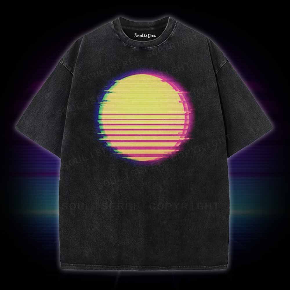 Soulisfree Vaporwave Palm Tree Sunset 90s Washed Tee
