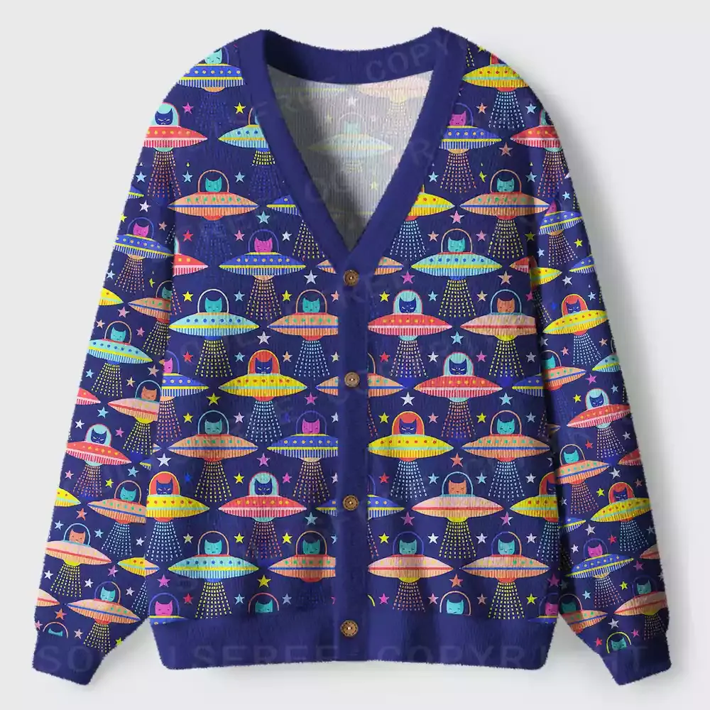 Galactic Kitty Abduction Ugly Cardigan Sweaters 