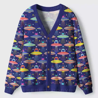 Galactic Kitty Abduction Ugly Cardigan Sweaters 