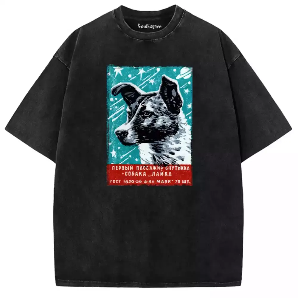 Designed First Dog In Space Washed Space T-shirt