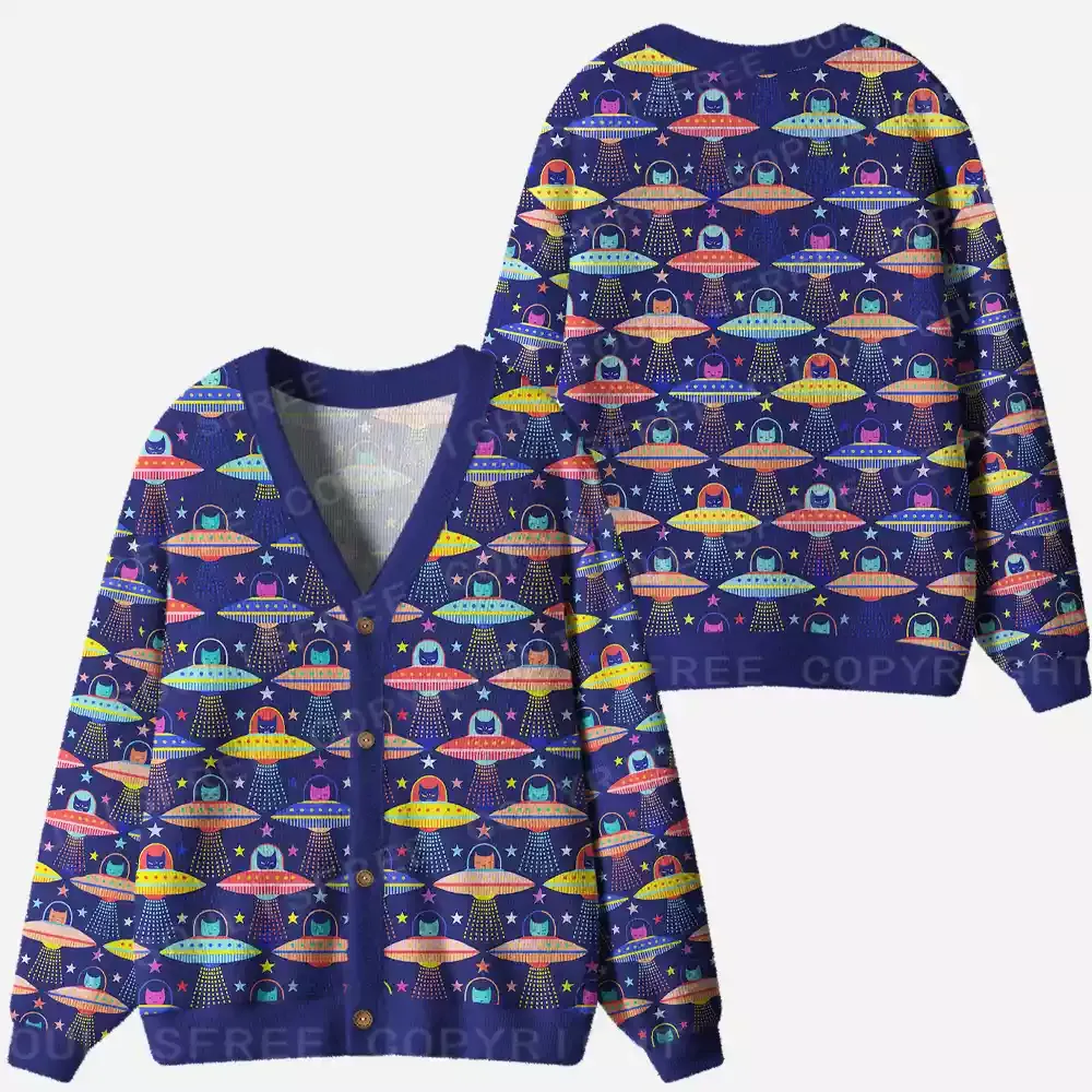 Galactic Kitty Abduction Ugly Cardigan Sweaters