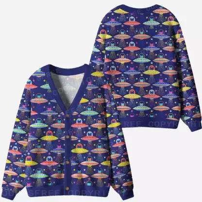 Galactic Kitty Abduction Ugly Cardigan Sweaters 