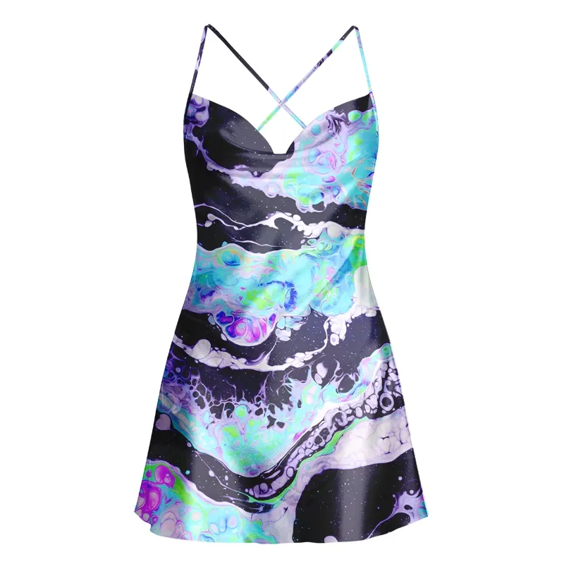 Soulisfree Cosmic Fluid Swirl Cowl Neck Satin Mini Dress
