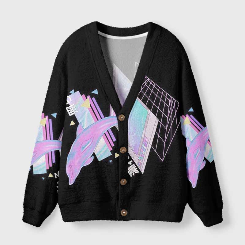 Soulisfree Cyber Dolphin Fuzzy Cardigan Sweater 