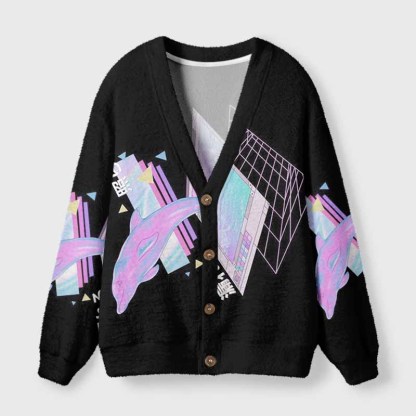 Soulisfree Cyber Dolphin Fuzzy Cardigan Sweater 