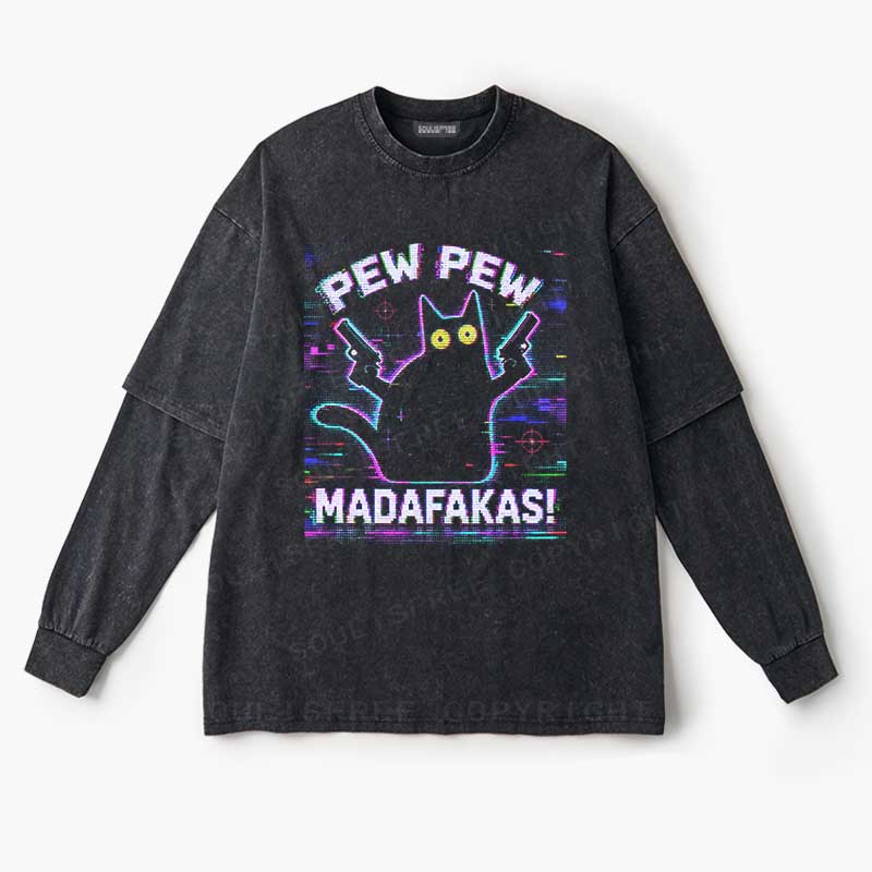 Soulisfree  Pew Pew Cat Chaos Layered Long Sleeve Tee