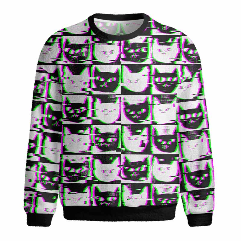 Soulisfree Neon Glitch Cat Fuzzy Crewneck Sweater