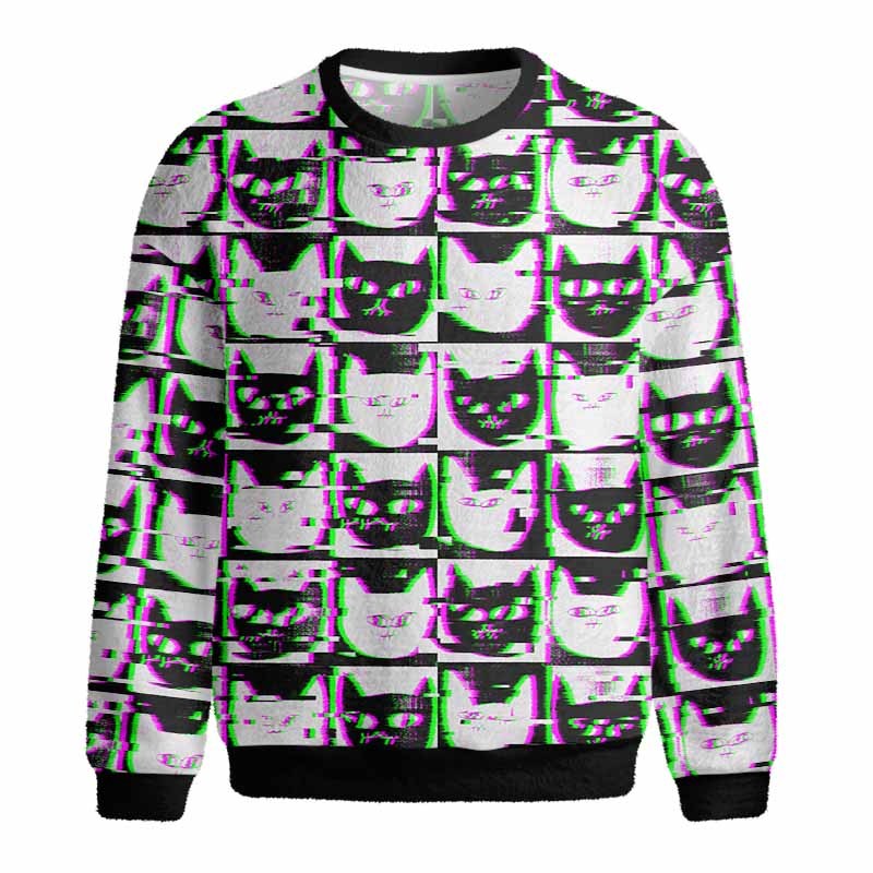 Soulisfree Neon Glitch Cat Fuzzy Crewneck Sweater