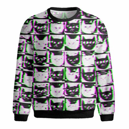 Soulisfree Neon Glitch Cat Fuzzy Crewneck Sweater