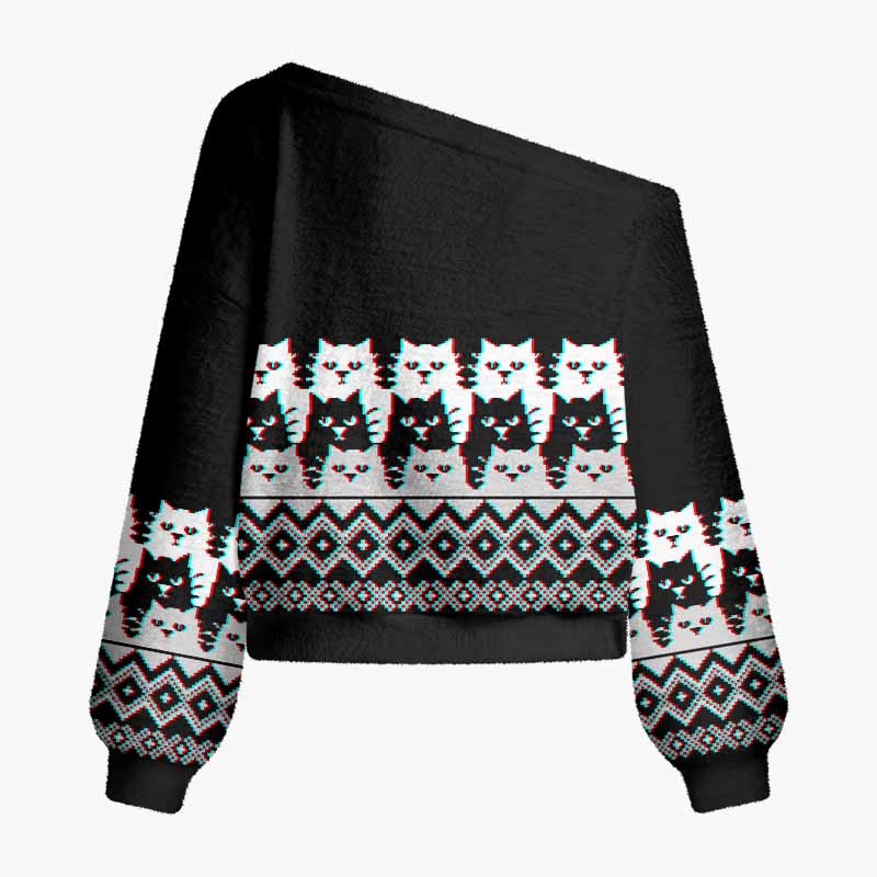 Soulisfree The Quiet Wisdom Of Cats Fuzzy Off-Shoulder Sweater