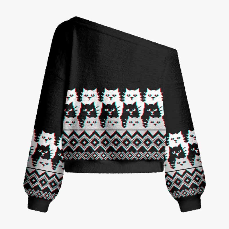 Soulisfree The Quiet Wisdom Of Cats Fuzzy Off-Shoulder Sweater