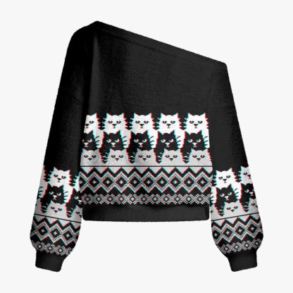 Soulisfree The Quiet Wisdom Of Cats Fuzzy Off-Shoulder Sweater