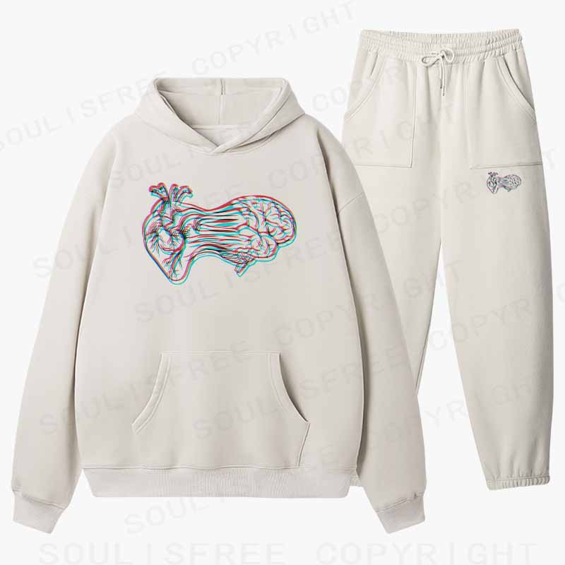 Soulisfree Heart to Brain Connection Glitch Cotton Fleece Hoodie Set