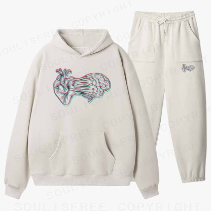 Soulisfree Heart to Brain Connection Glitch Cotton Fleece Hoodie Set