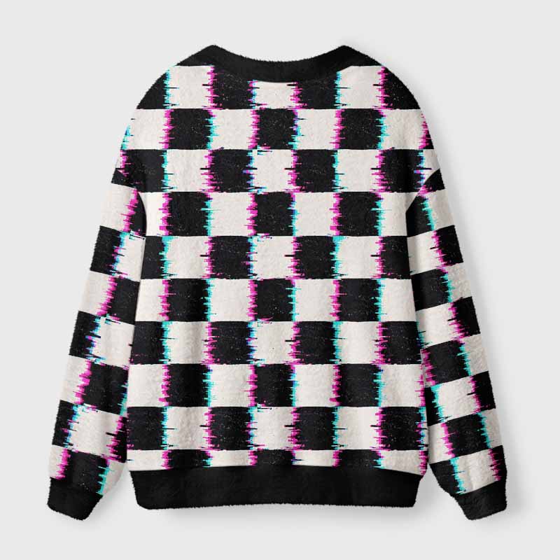Soulisfree Glitch Checkerboard Fuzzy Cardigan Sweater 
