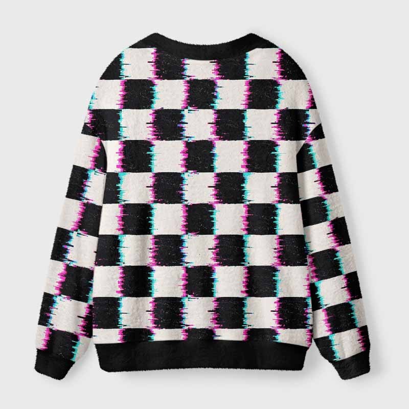 Soulisfree Glitch Checkerboard Fuzzy Cardigan Sweater 