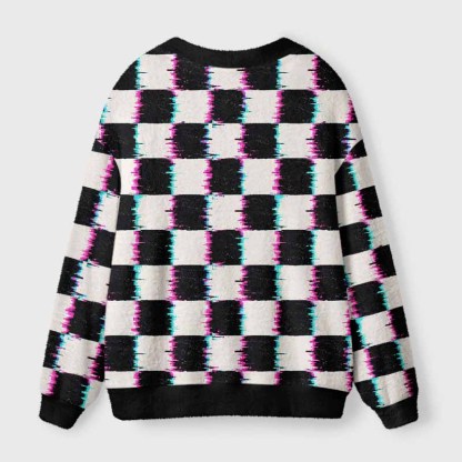 Soulisfree Glitch Checkerboard Fuzzy Cardigan Sweater 