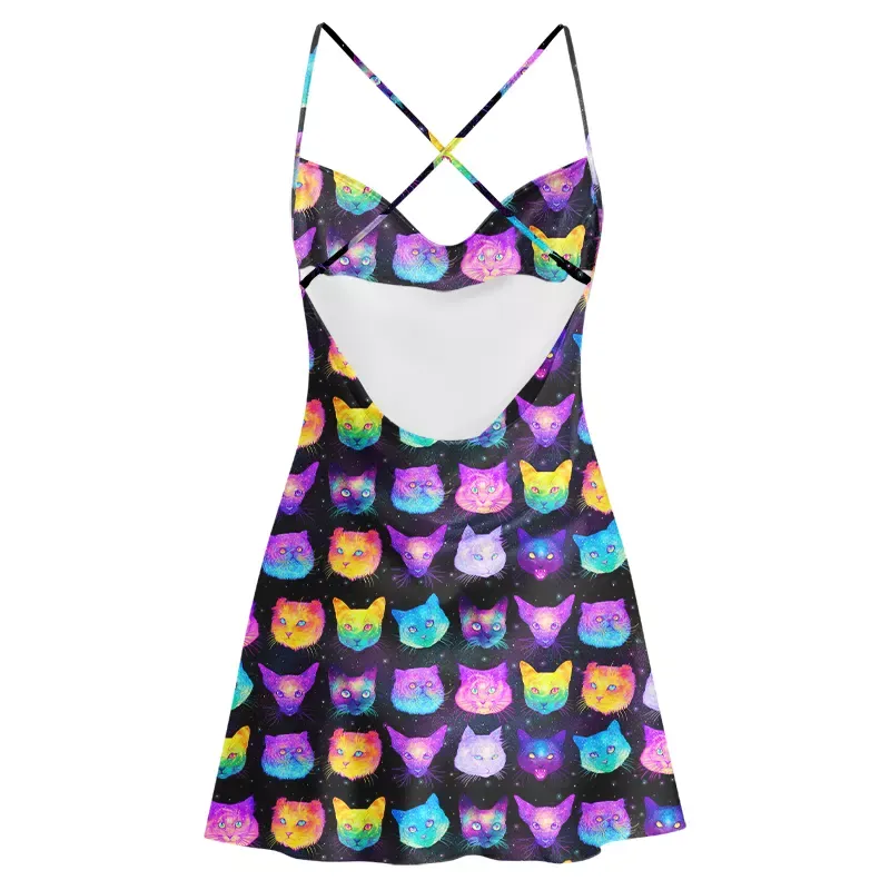 Soulisfree Cosmic Cats Cowl Neck Satin Mini Dress