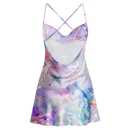 Soulisfree Pastel Underwater Fantasy Jellyfish Cowl Neck Satin Mini Dress