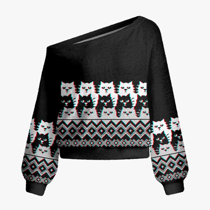 Soulisfree The Quiet Wisdom Of Cats Fuzzy Off-Shoulder Sweater