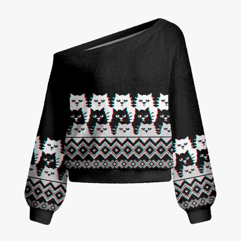 Soulisfree The Quiet Wisdom Of Cats Fuzzy Off-Shoulder Sweater