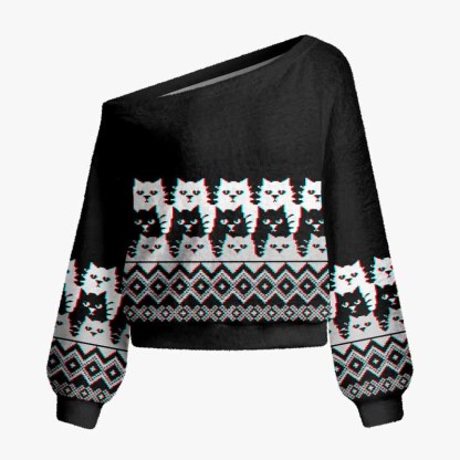 Soulisfree The Quiet Wisdom Of Cats Fuzzy Off-Shoulder Sweater