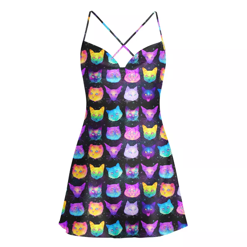 Soulisfree Cosmic Cats Cowl Neck Satin Mini Dress