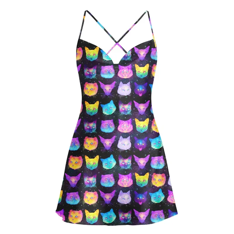 Soulisfree Cosmic Cats Cowl Neck Satin Mini Dress