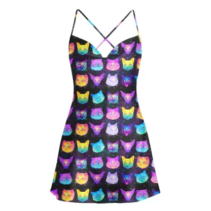 Soulisfree Cosmic Cats Cowl Neck Satin Mini Dress