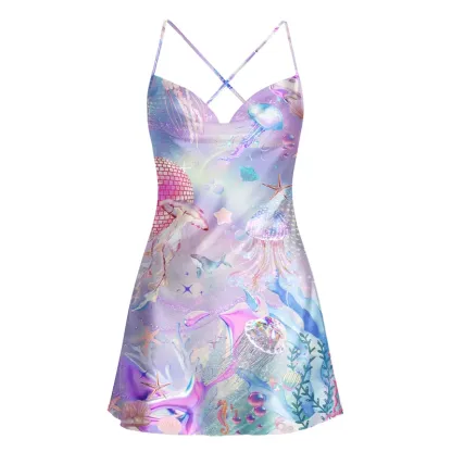 Soulisfree Pastel Underwater Fantasy Jellyfish Cowl Neck Satin Mini Dress