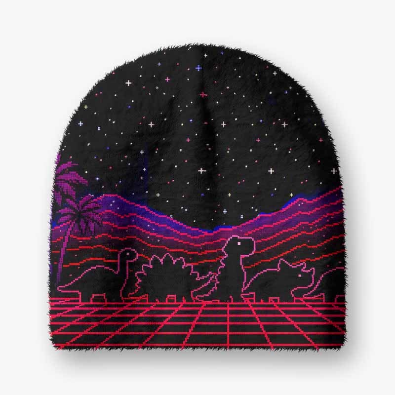 Soulisfree Pixel Dinosaur Neon Sunset Fuzzy Beanie