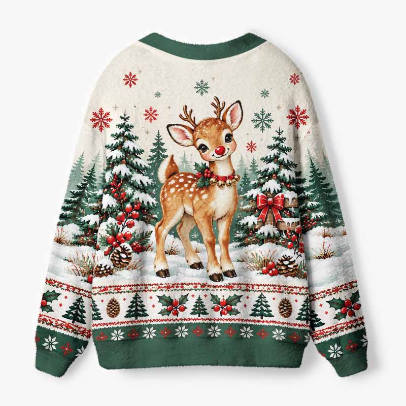 Soulisfree A Reindeer Wearing A Christmas Scarf Fuzzy Cardigan Sweater