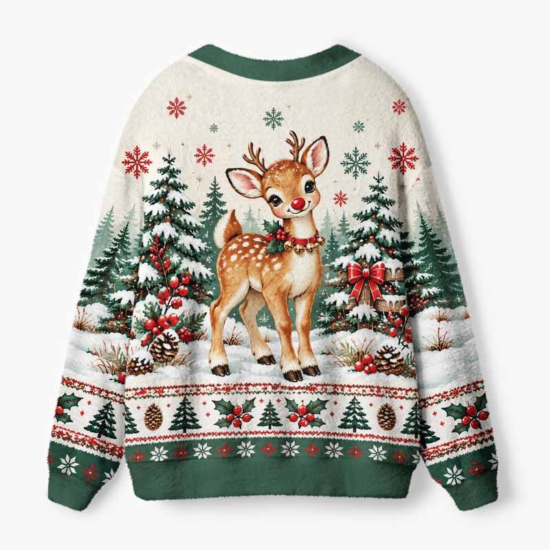 Soulisfree A Reindeer Wearing A Christmas Scarf Fuzzy Cardigan Sweater