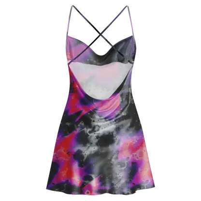 Soulisfree Neon Graffiti Swirl Cowl Neck Satin Mini Dress