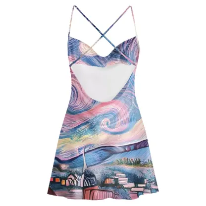 Soulisfree Starry Village Dreamscape Cowl Neck Satin Mini Dress