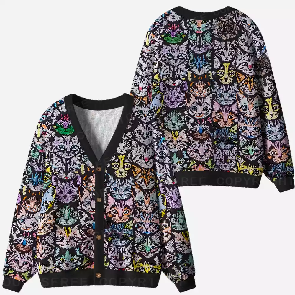 Rainbow Cat Crowd Ugly Cardigan Sweaters 