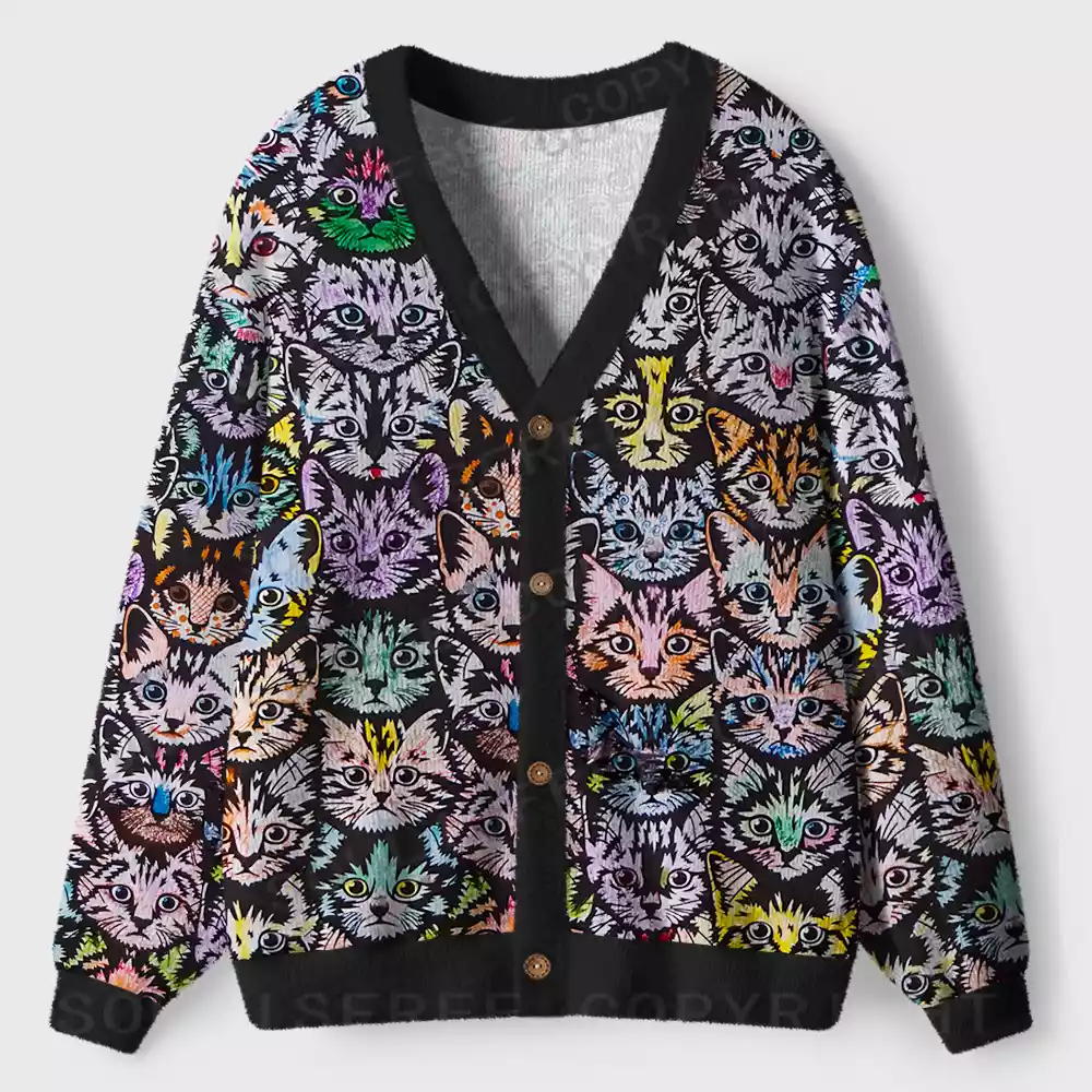 Rainbow Cat Crowd Ugly Cardigan Sweaters 