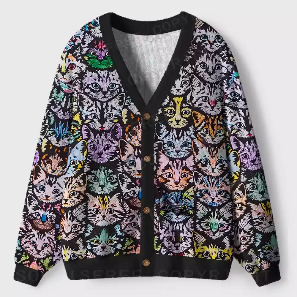 Rainbow Cat Crowd Ugly Cardigan Sweaters 