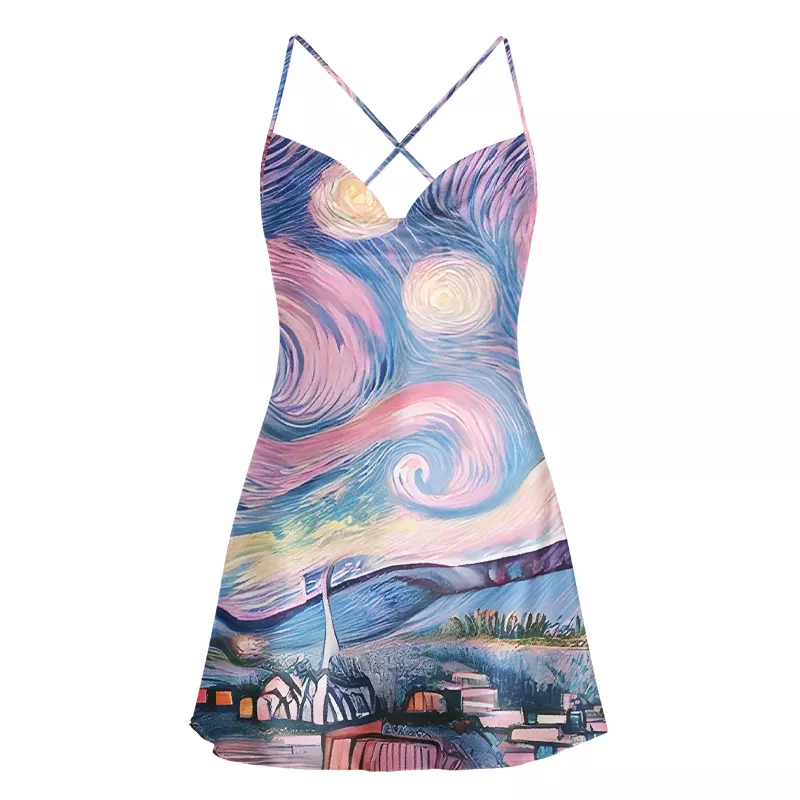 Soulisfree Starry Village Dreamscape Cowl Neck Satin Mini Dress